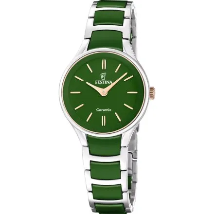 Festina Ceramic zegarek damski srebrny na zielonej bransolecie 20752/6