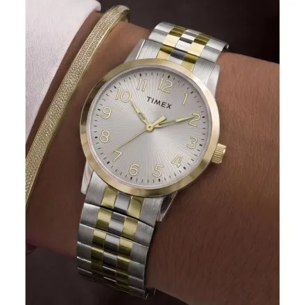 Timex Main Street TW2Y92600 damski zegarek na srebrno-złotej rozciąganej bransolecie