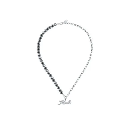 Naszyjnik Karl Lagerfeld PEARL KLAYR02 srebrny z czarnymi perełkami i logo