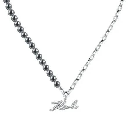 Naszyjnik Karl Lagerfeld PEARL KLAYR02 srebrny z czarnymi perełkami i logo