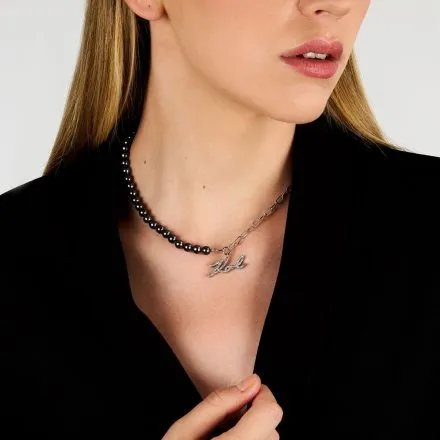 Naszyjnik Karl Lagerfeld PEARL KLAYR02 srebrny z czarnymi perełkami i logo