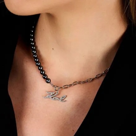 Naszyjnik Karl Lagerfeld PEARL KLAYR02 srebrny z czarnymi perełkami i logo
