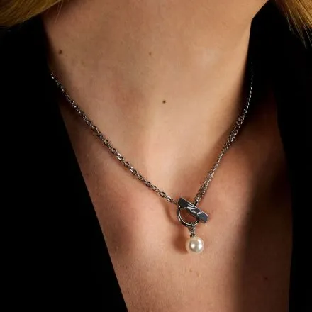 Naszyjnik Karl Lagerfeld PEARL KLAYR05 srebrny z białą perełką i logo