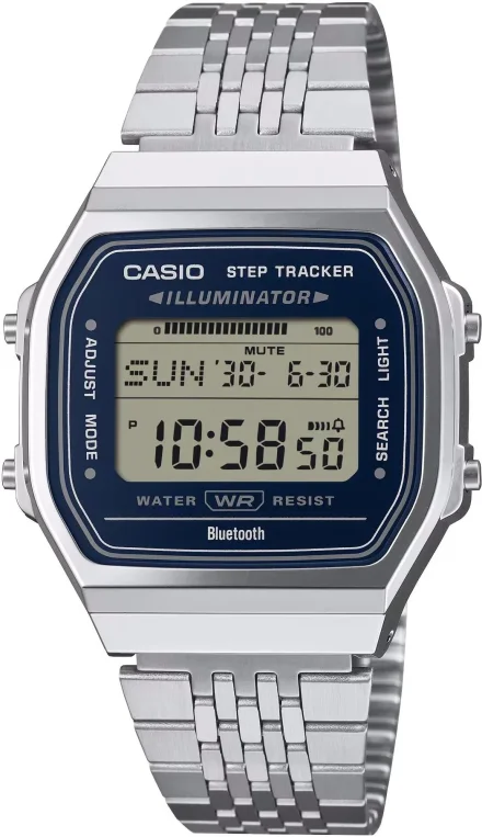 Casio Vintage Bluetooth zegarek retro z krokomierzem srebrny niebieski ABL-100WE-2AEF