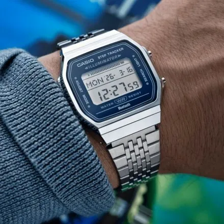 Casio Vintage Bluetooth zegarek retro z krokomierzem srebrny niebieski ABL-100WE-2AEF