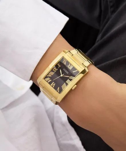 Guess Clyde zegarek męski na bransolecie złoty z czarną tarczą GW0896G2