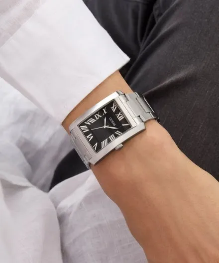 Guess Clyde zegarek męski na bransolecie srebrny z czarną tarczą GW0896G1