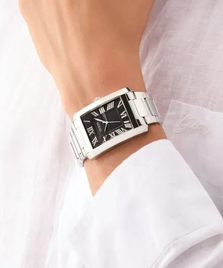 Guess Clyde zegarek męski na bransolecie srebrny z czarną tarczą GW0896G1