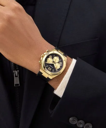 Guess Equity zegarek męski złoty czarna tarcza na pasku GW0791G3 