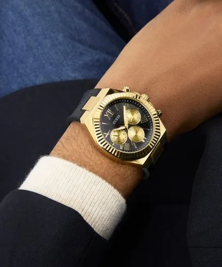 Guess Equity zegarek męski złoty czarna tarcza na pasku GW0791G3 