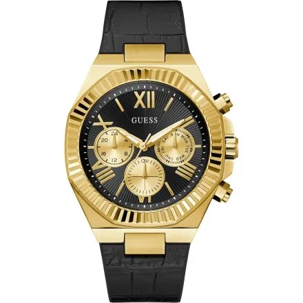 Guess Equity zegarek męski złoty czarna tarcza na pasku GW0791G3 