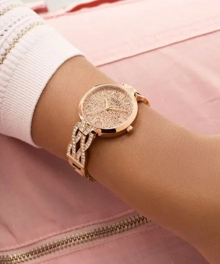 Guess Coral różowozłoty zegarek damski na bransolecie z kryształkami GW0868L4