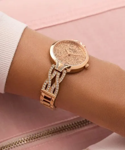 Guess Coral różowozłoty zegarek damski na bransolecie z kryształkami GW0868L4