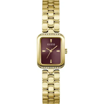 Guess Isla prostokątny zegarek damski złoty z bordową tarczą GW0865L9