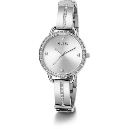 Guess Bejeweled Bellini srebrny zegarek damski na bransolecie z kryształkami GW0022L1