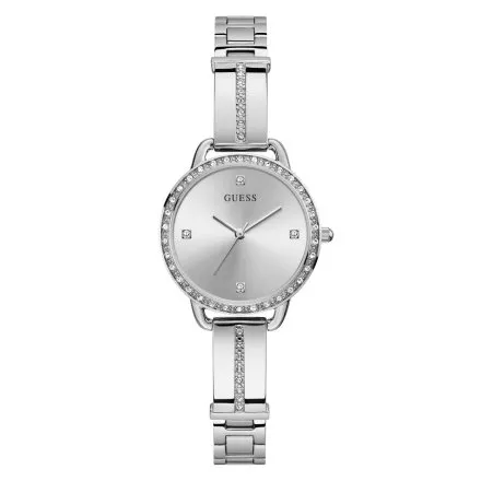 Guess Bejeweled Bellini srebrny zegarek damski na bransolecie z kryształkami GW0022L1