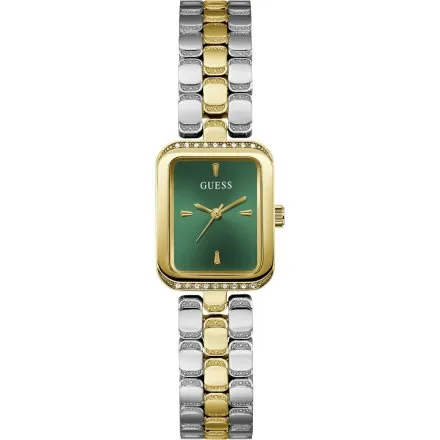 Guess Isla prostokątny zegarek damski srebrno-złoty z zieloną tarczą GW0865L6