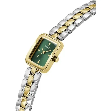 Guess Isla prostokątny zegarek damski srebrno-złoty z zieloną tarczą GW0865L6