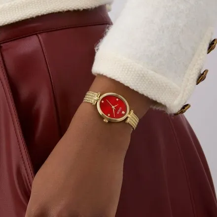 Guess Ruby złoty zegarek damski na bransolecie z czerwoną tarczą GW0935L4