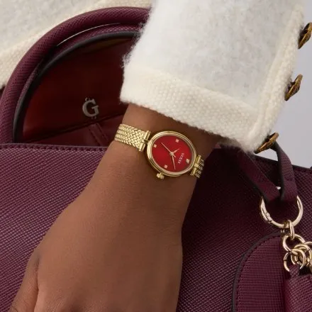 Guess Ruby złoty zegarek damski na bransolecie z czerwoną tarczą GW0935L4