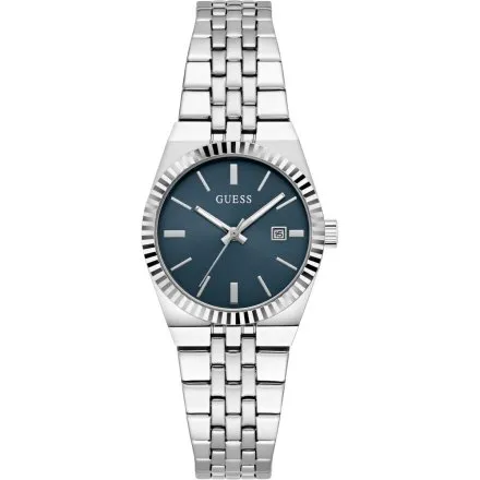 Guess Vera srebrny zegarek damski na bransolecie niebieska tarcza datownik GW1101L1