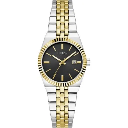 Guess Vera złoto-srebrny zegarek damski na bransolecie czarna tarcza datownik GW1101L3