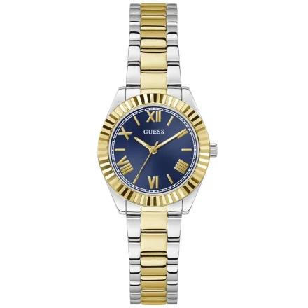 Guess Mini Luna srebrno-złoty zegarek damski na bransolecie z granatową tarczą GW0687L5