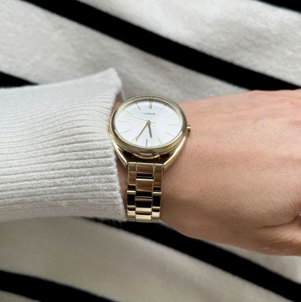 Złoty zegarek damski Lorus z bransoletką i białą tarczą RG206KX9