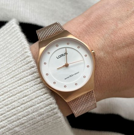 Klasyczny damski zegarek Lorus z bransoletką mesh w różowym złocie RG276JX9