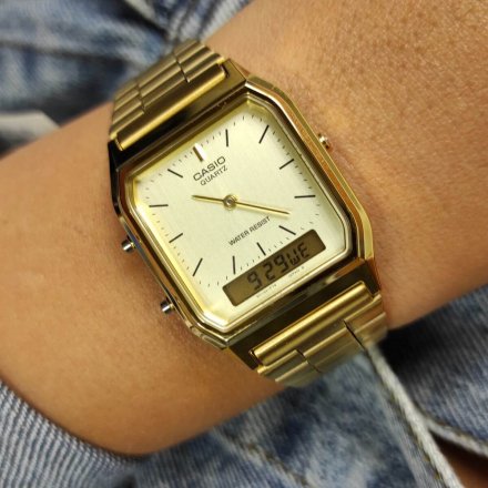Casio Vintage złoty zegarek w stylu retro z wyświetlaczem i wskazówkami AQ-230GA-9DMQY