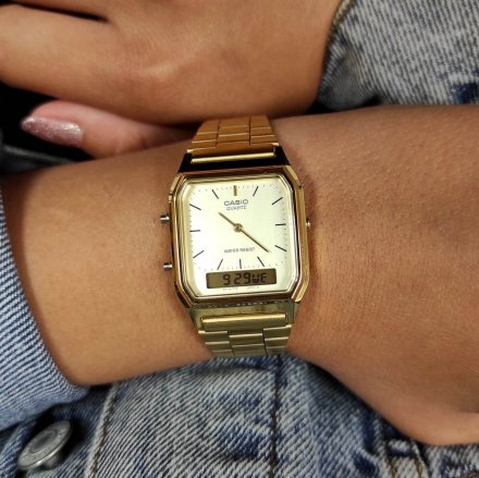 Casio Vintage złoty zegarek w stylu retro z wyświetlaczem i wskazówkami AQ-230GA-9DMQY