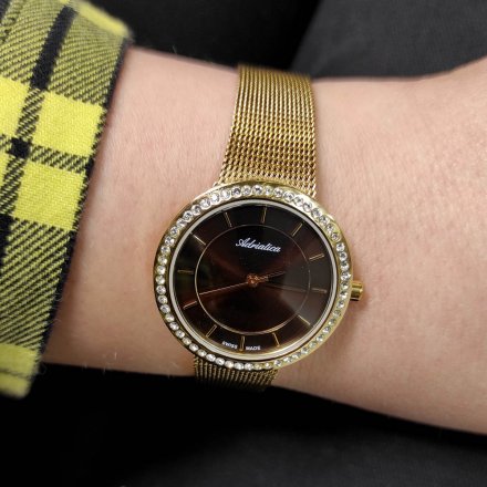 Złoty damski szwajcarski zegarek Adriatica z czekoladową tarczą A3645.111GQZ