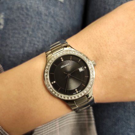 Szwajcarski srebrny damski zegarek Adriatica z czarną tarczą A3694.5114QZ