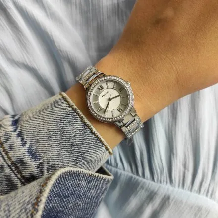 Srebrny zegarek damski Fossil Virginia z kryształkami ES3282 