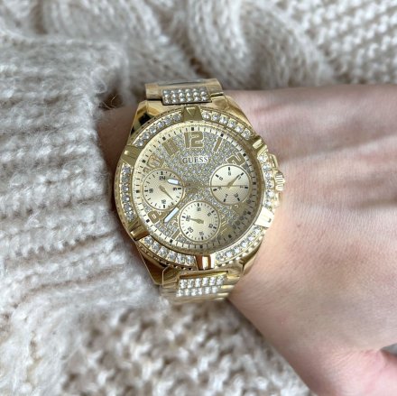 Złoty zegarek Guess Frontier z bransoletką i kryształami W1156L2