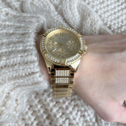 Złoty zegarek Guess Frontier z bransoletką i kryształami W1156L2