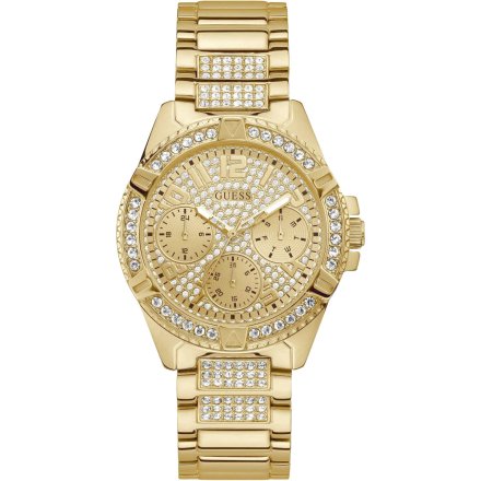 Złoty zegarek Guess Frontier z bransoletką i kryształami W1156L2