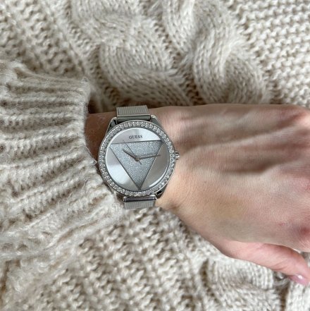 Srebrny zegarek damski Guess Tri Glitz błyszczący z siateczkową bransoletką W1142L1