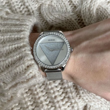 Srebrny zegarek damski Guess Tri Glitz błyszczący z siateczkową bransoletką W1142L1