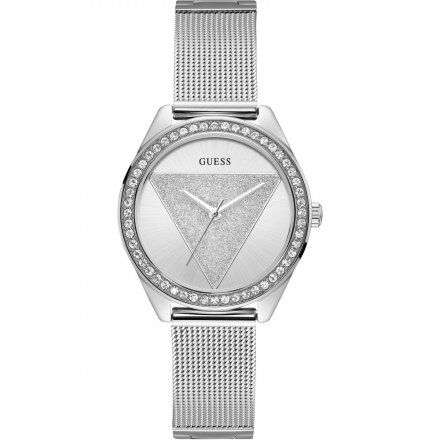 Srebrny zegarek damski Guess Tri Glitz błyszczący z siateczkową bransoletką W1142L1