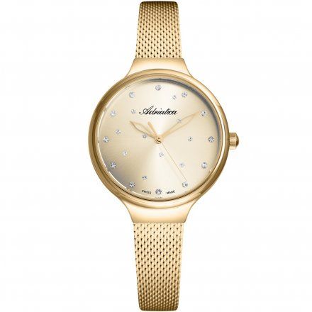 Szwajcarski zegarek Damski Adriatica z kryształkami na złotej tarczy A3723.1141Q