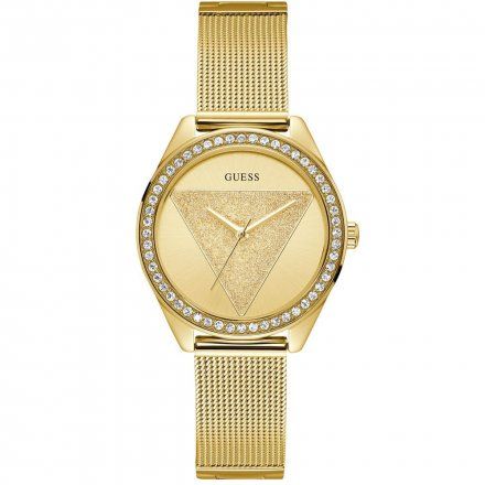 Złoty zegarek damski Guess Tri Glitz z bransoletką mesh i kryształkami W1142L2