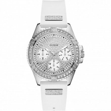 Srebrny zegarek damski Guess Frontier z białym paskiem i kryształami W1160L4