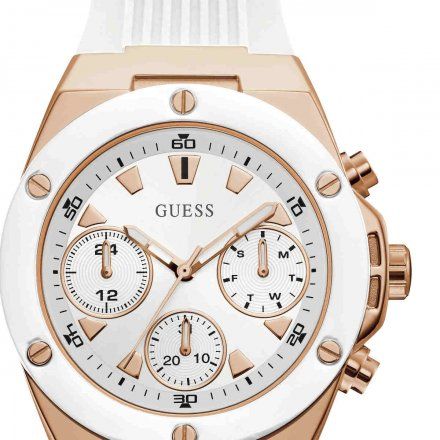 Różowozłoty zegarek Guess Athena z białym paskiem GW0030L3 