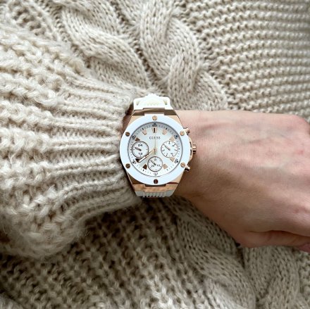 Różowozłoty zegarek Guess Athena z białym paskiem GW0030L3 
