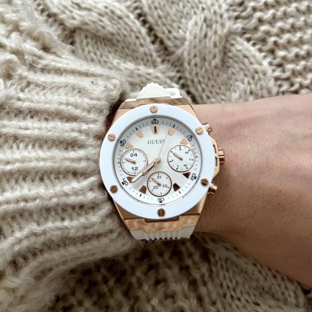 Różowozłoty zegarek Guess Athena z białym paskiem GW0030L3 