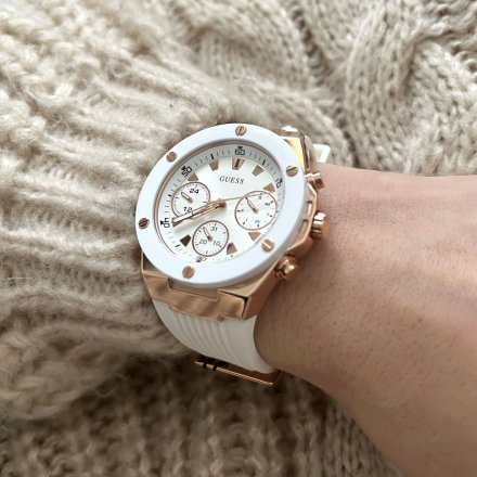Różowozłoty zegarek Guess Athena z białym paskiem GW0030L3 