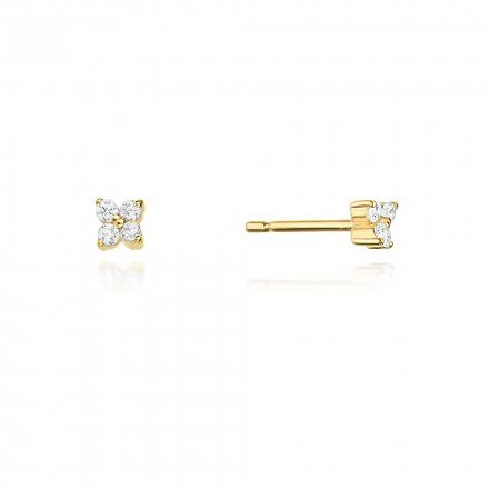 Złote kolczyki wkrętki kwiatki cztery diamenty • Złoto 585 Brylanty 0.12 ct