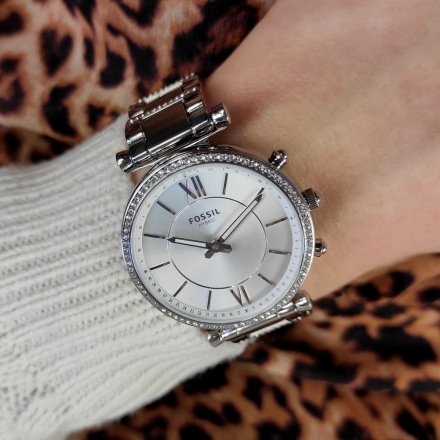 Srebrny zegarek smartwatch hybrydowy Fossil Carlie Krokomierz Powiadomienia FTW5041
