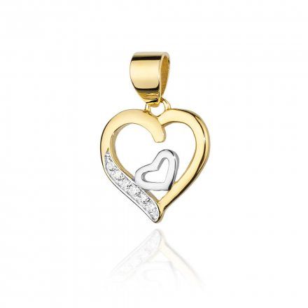 Złota zawieszka wisiorek serce w sercu diamentami • Złoto 585 Brylanty 0.05ct